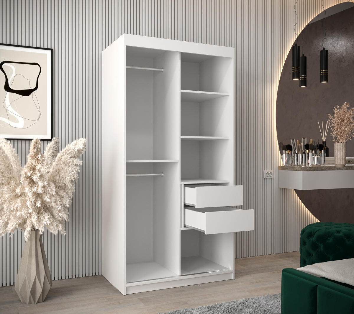 SCHIEBETÜRENSCHRANK - Kleiderschrank MALTESE 100 Weiß + schubladen - Weiß, Holzwerkstoff (100/200/62cm) - Möblo