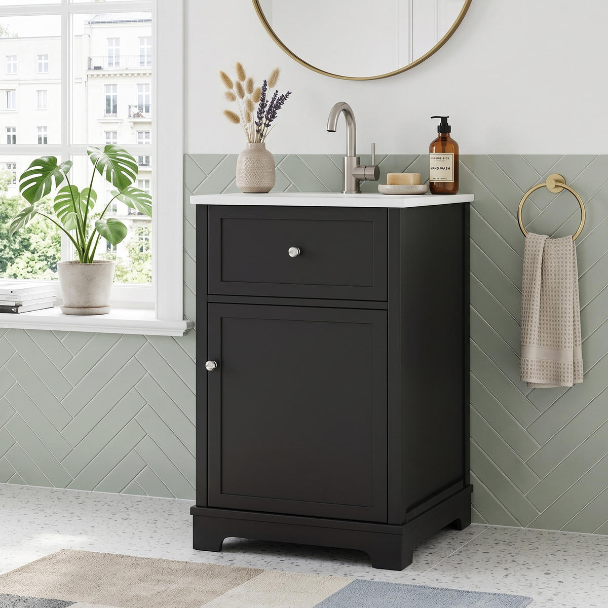 WASCHTISCH Schwarz mit Keramikbecken, Klappfach & Türablage - Schwarz, Holzwerkstoff (51/87/46cm) - Urban Meuble