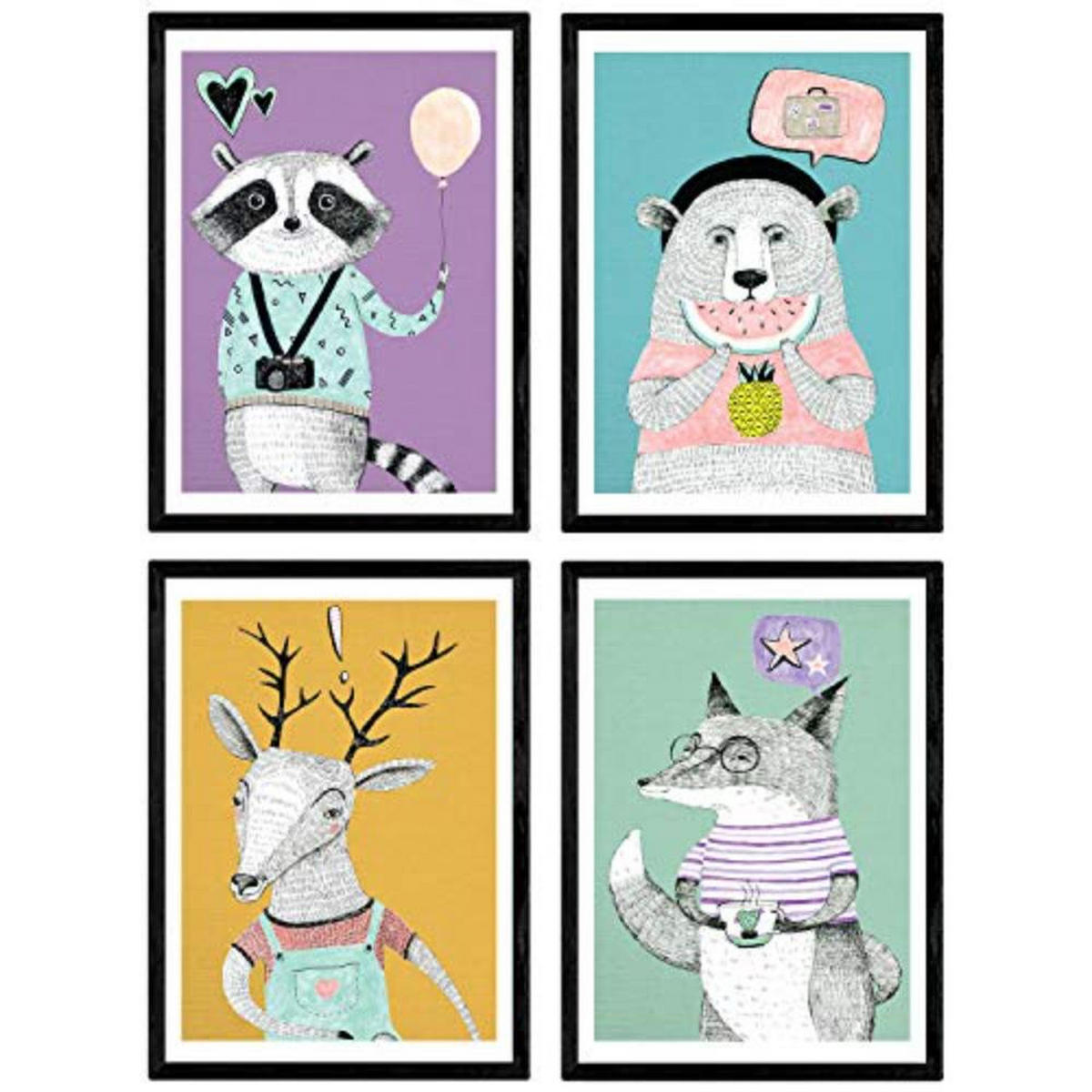 POSTER Set mit 4 Magna Tieren nordisch A4 Schwarzer Rahmen - Schwarz, Papier (29.7/3cm) - Nacnic