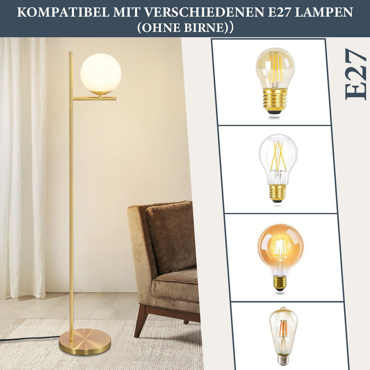 STEHLEUCHTE Dortmund 25/20/150 cm - Goldfarben, Metall (22/18/157cm) - Nettlife