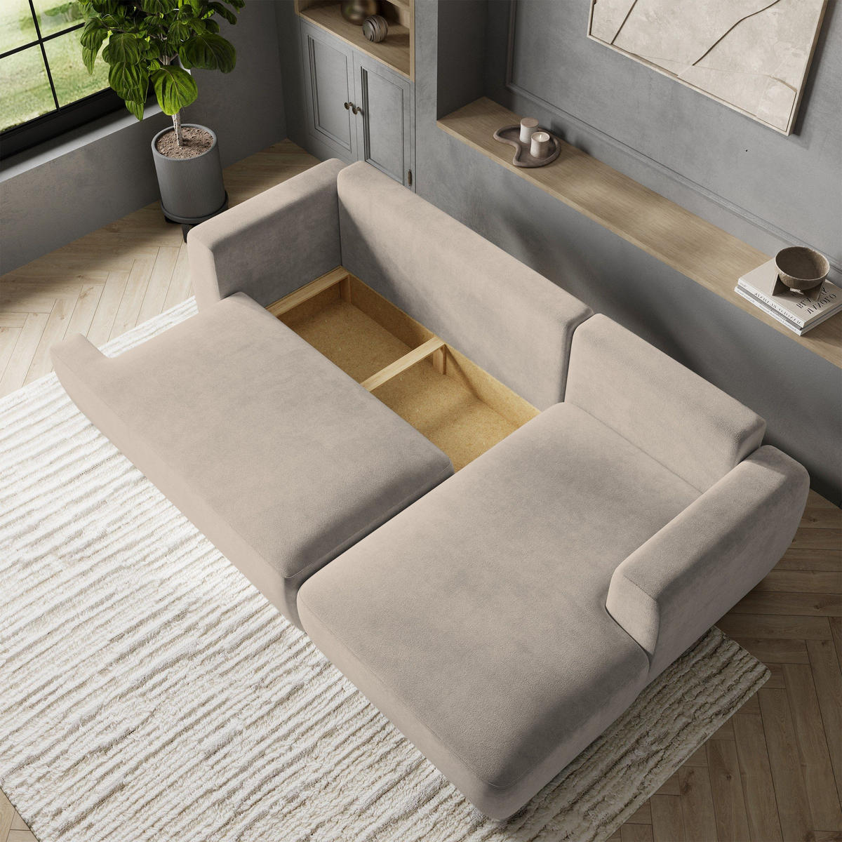 ECKSOFA SENTI K R-S Beige Plüsch-Stoff mit Schlaffunktion - Beige, Holz (246/148cm) - MASSENO