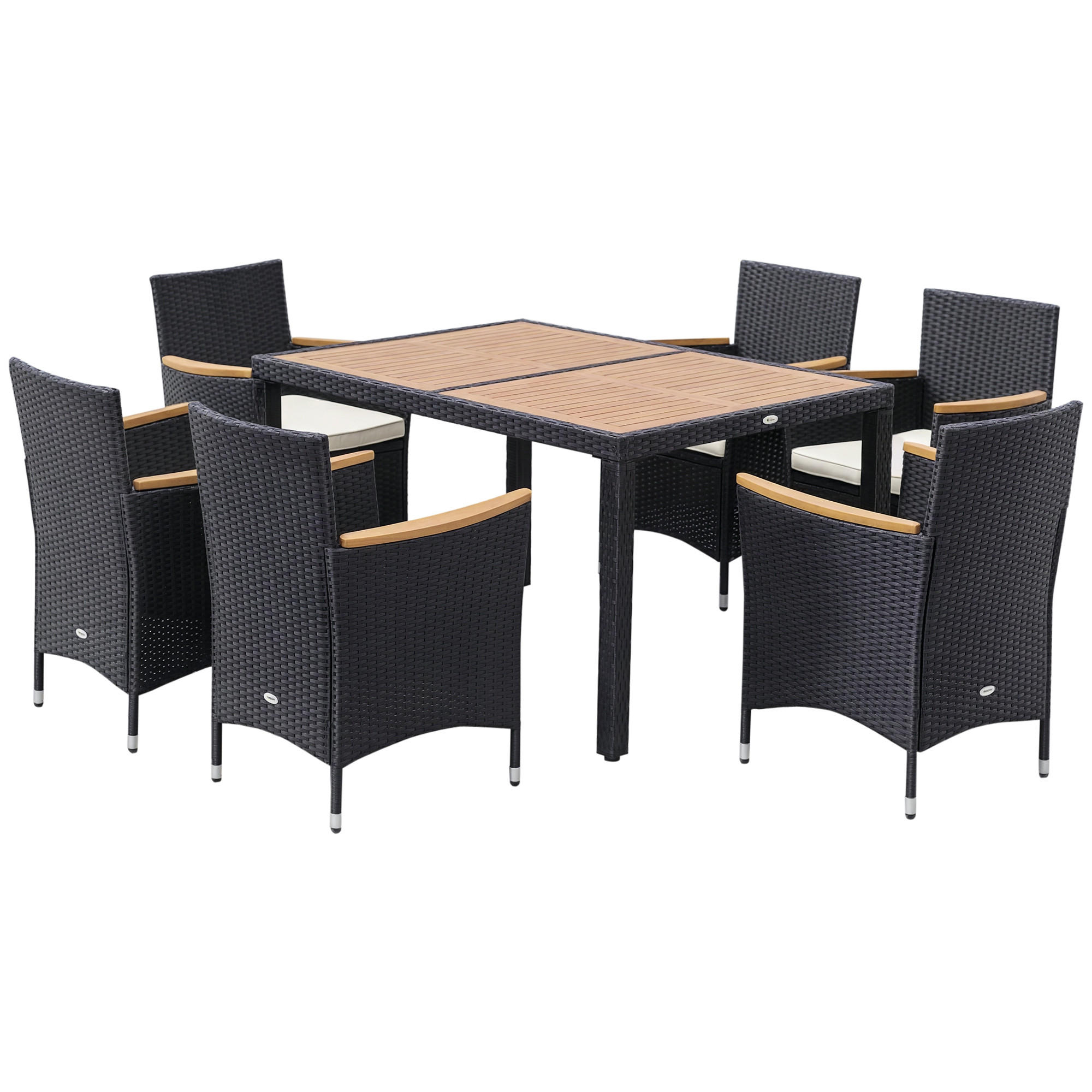 GARTENESSGRUPPE DE-13570 7-teilig mit Tisch & 6 Stühlen, Acacia-Holz Schwarz/Beige - Schwarz, Metall - ComfortXL