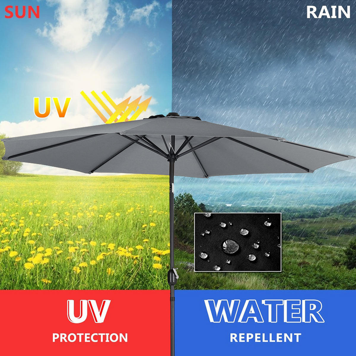 SONNENSCHIRM aus Polyester Metall in Dunkelgrau mit Resin-Sockel wetterfest UV-beständig drehbar 360° neigbar 60° 3 x 2.4m Ø49 × 35 cm - Grau, Metall (240/50cm) - Livingandhome