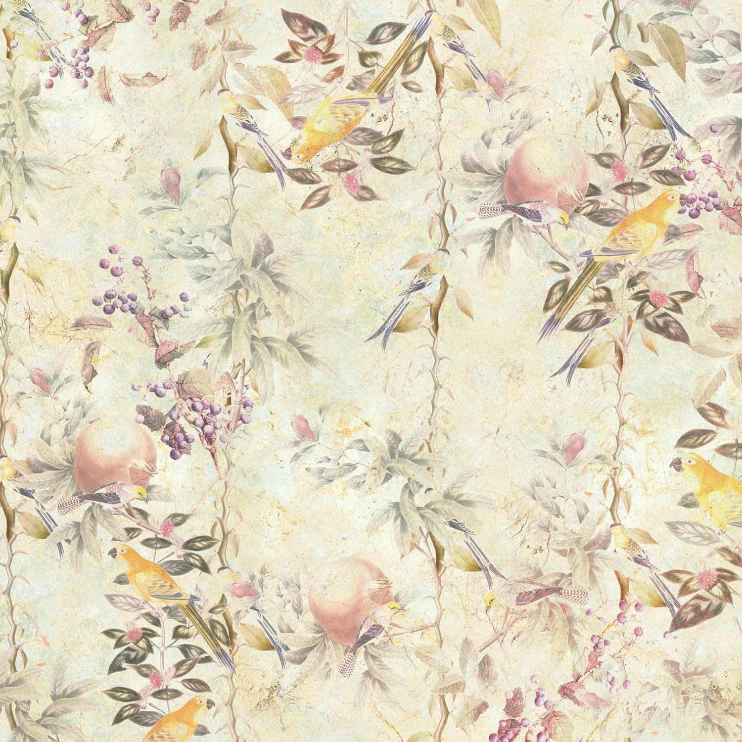 FOTOTAPETE Blumen und Vögel 300 x 280 cm - Gelb, Papier (300/280cm) - Sanders & Sanders