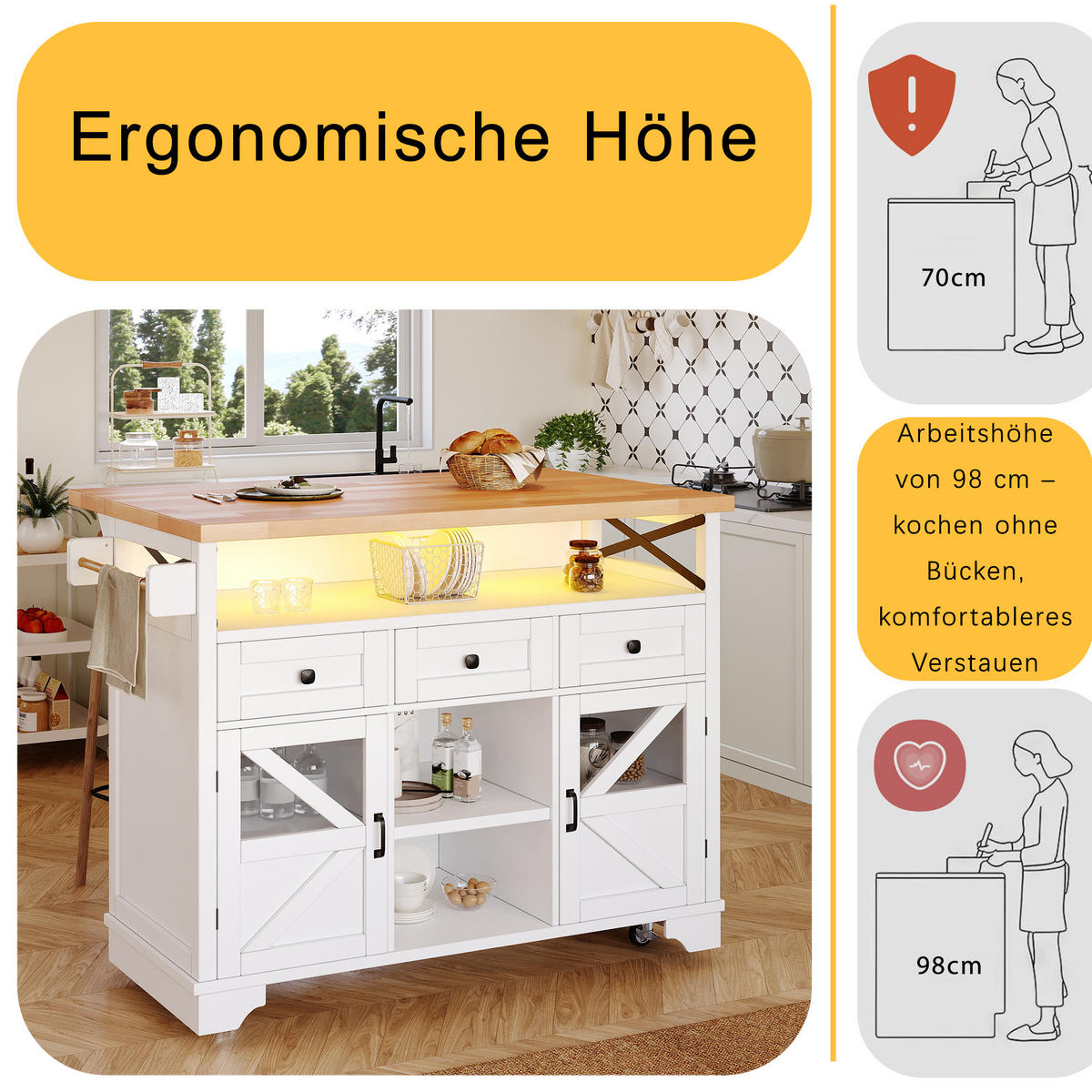 KÜCHENINSEL 120/43/98 cm Weiß aus MDF mit Klapptisch und LED - Weiß, Holzwerkstoff (120/98/43cm) - OKWISH