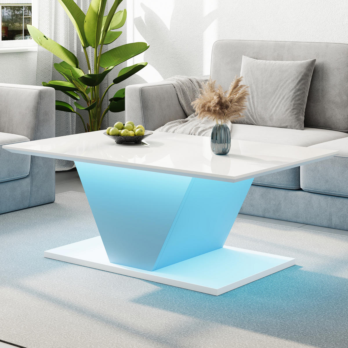 COUCHTISCH aus Spanplatte 100x50x46 cm Weiß mit LED-Beleuchtung und Hochglanzplatte - Weiß, Holzwerkstoff (100/50/46cm) - IVMEU