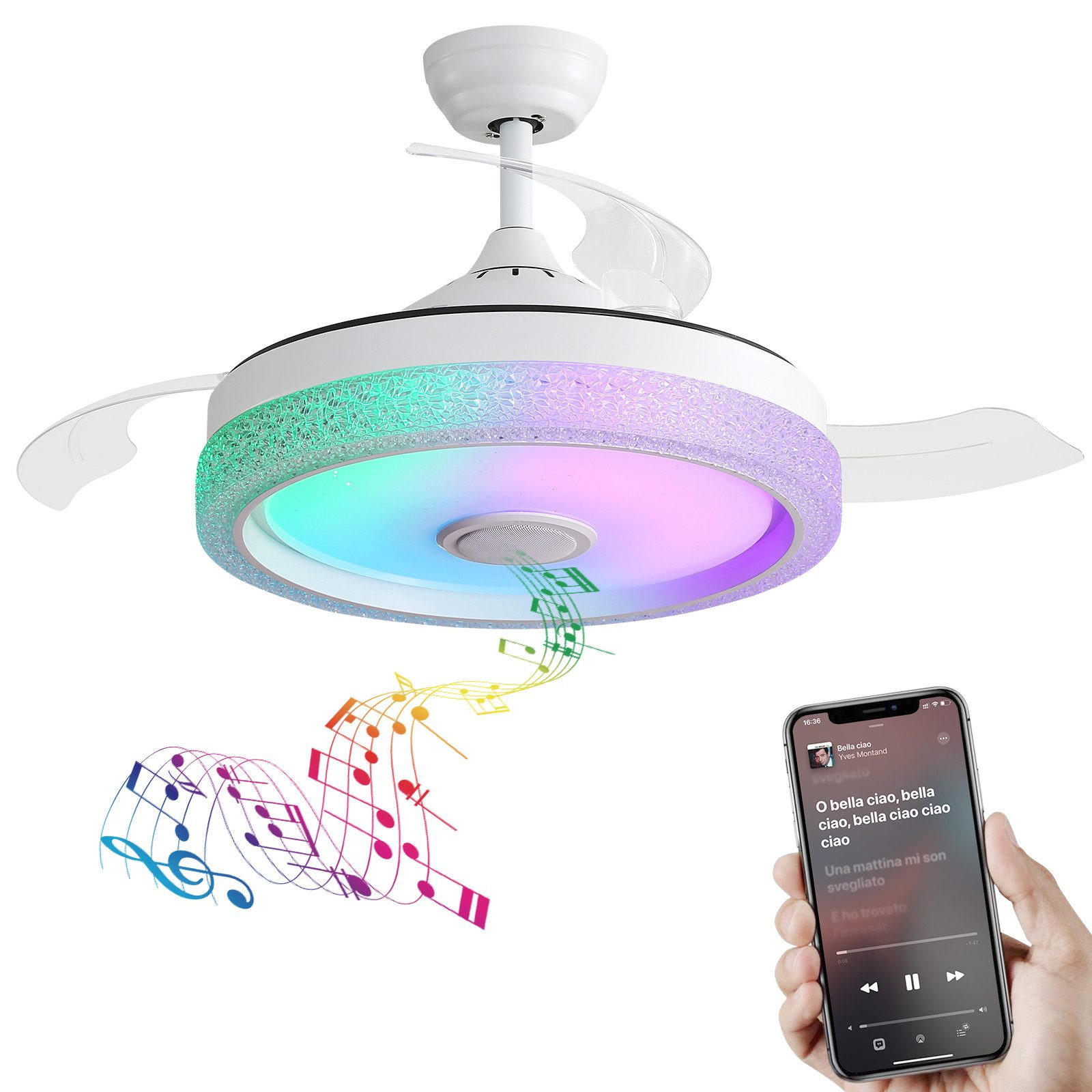 DECKENVENTILATOR 42" mit RGB LED Dimmbar & Bluetooth Lautsprecher - Weiß, Kunststoff (107/107/47cm) - BEXEVUE
