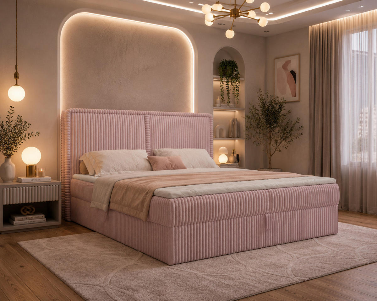 BOXBETT 04 180 x 200 cm - Ambience – Modernes Polsterbett mit Bettkasten, Topper und gepolstertem Kopfteil, Stoffbezug, Stauraumbett - Rosa, Holz (180/200cm) - ROYAL24_MARKT