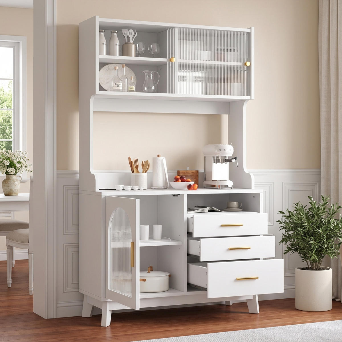 BUFFETSCHRANK 100,5x40x178 cm, 2 Steckdosen, USB-A/USB-C-Anschlüsse, Weiß - Weiß, Holzwerkstoff (100.5/178/40cm) - FOHERE