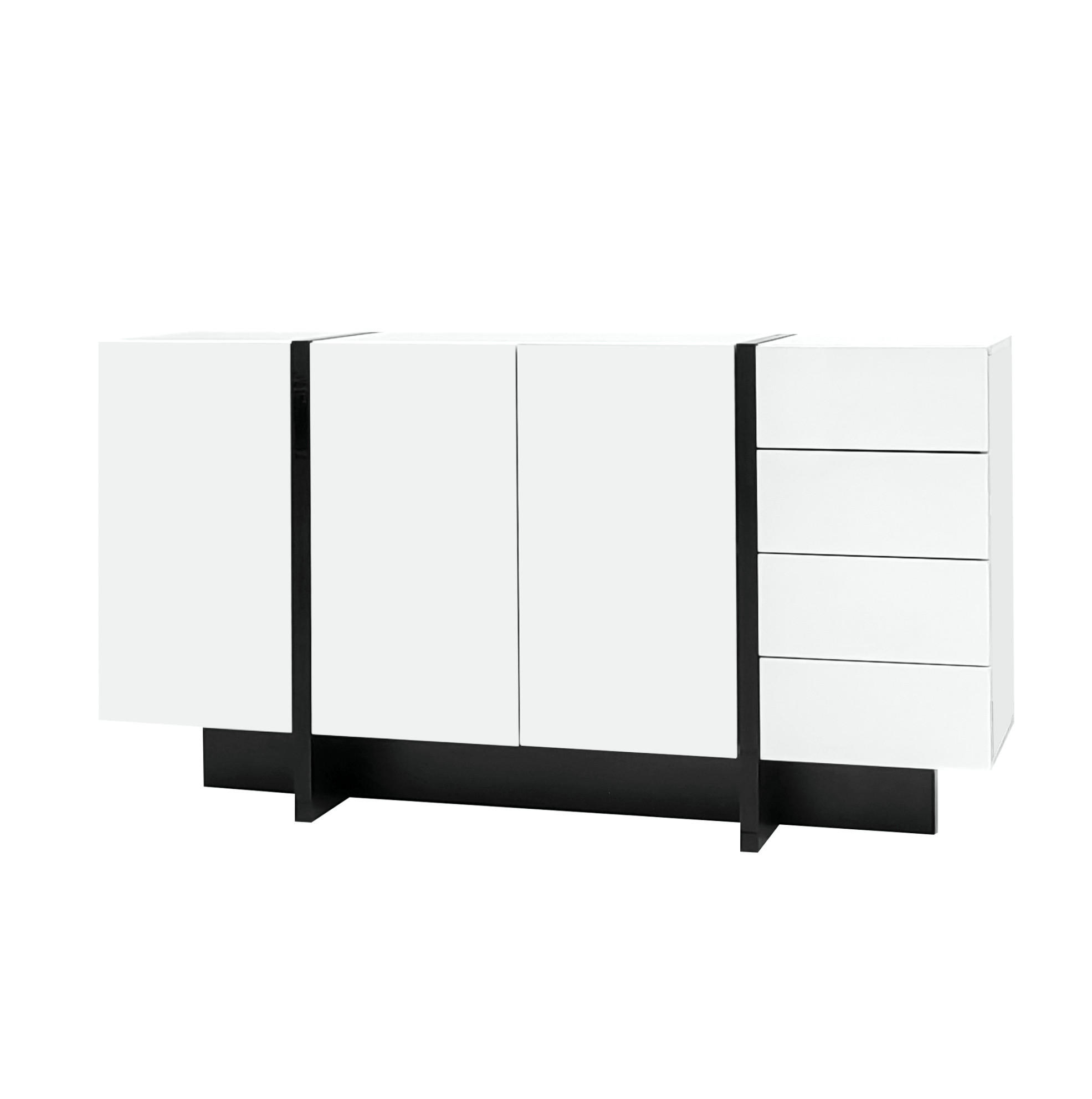 Modfu KOMODA z MDF a dřevotřísky 150x40x80,5 cm bílá/černá se 2 dvířky a 4 zásuvkami, vysoký lesk a tiché dovírání