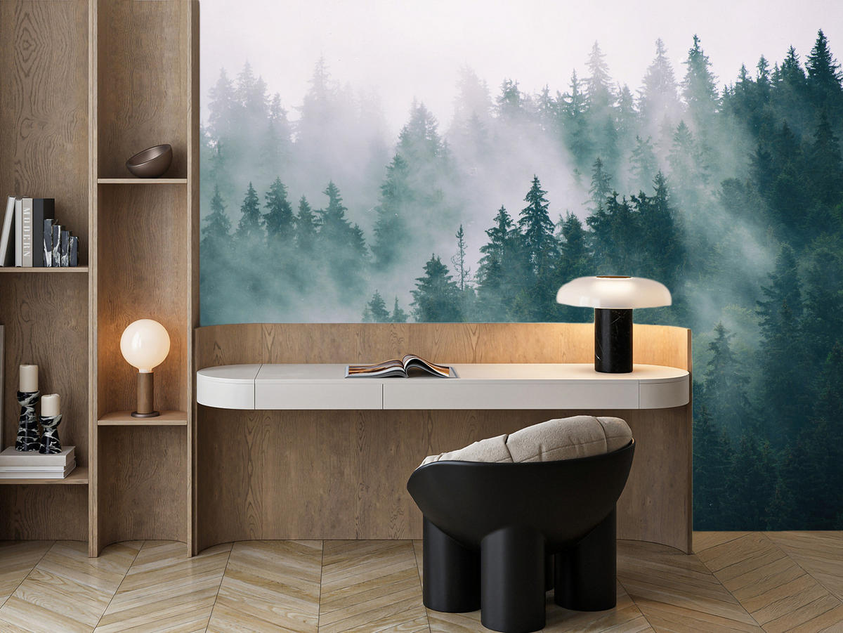 FOTOTAPETE Wald im Nebel Landschaft Natur 3D 400x280 - Türkis/Grau, Papier (400/280cm) - Muralo