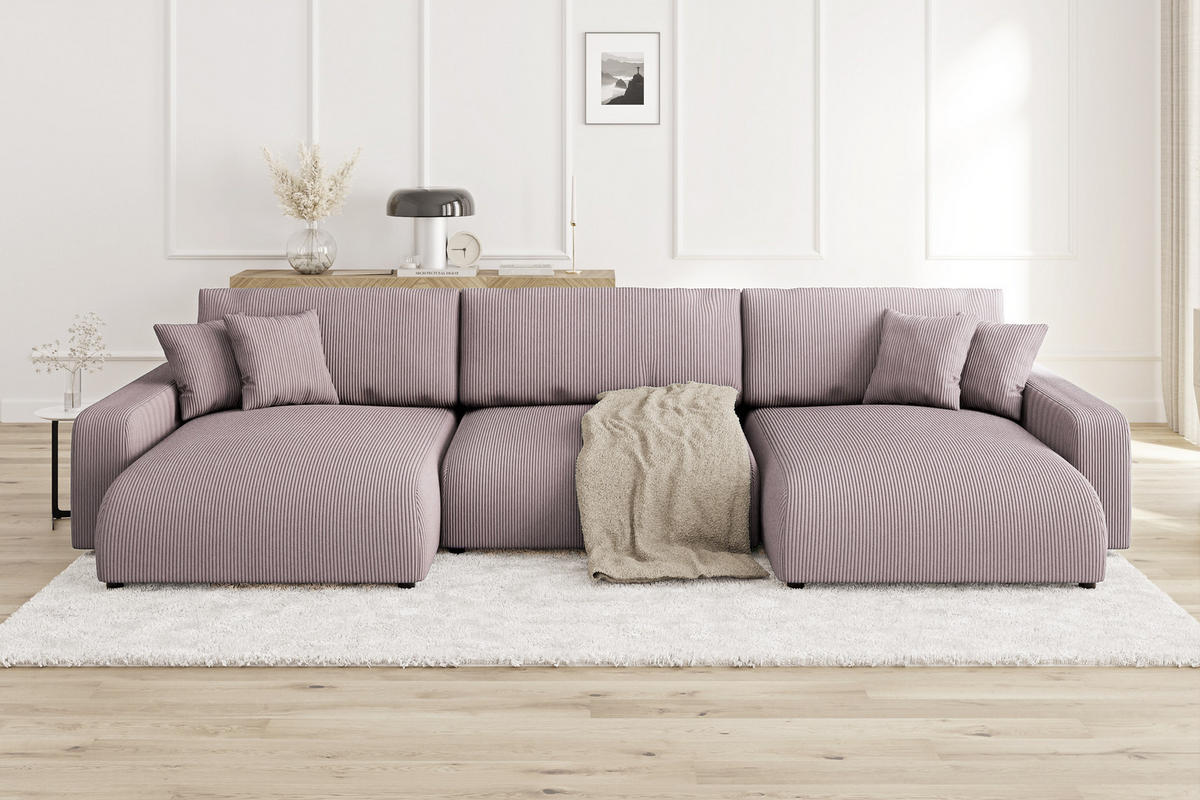 WOHNLANDSCHAFT Emma Puderrosa Cord - Pink/Schwarz, Holz/Kunststoff (332/170cm) - S-Style Möbel