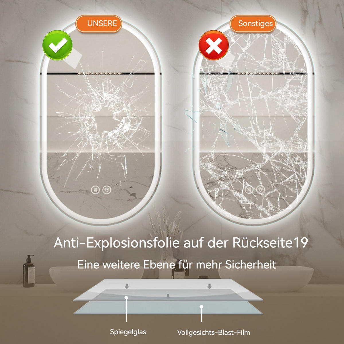 LED Badezimmerspiegel 90x60x3cm Silber, 3 Lichtfarben dimmbar mit Entspiegelungsfunktion - Silberfarben, Glas (3/90/60cm) - Modfu