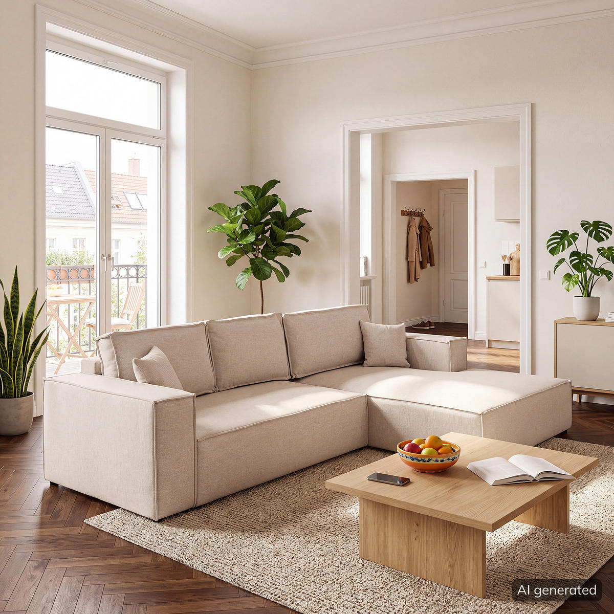ECKSOFA mit Schlaffunktion - Longchair - Beige/Schwarz, Kunststoff/Textil (294/185cm) - home24