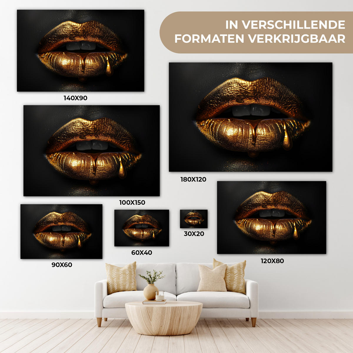 LEINWANDBILD Frau - Porträt - Lippen - Gold - Schwarz Deko Schlafzimmer 30x20 cm - Schwarz, Textil (30/20cm) - MuchoWow