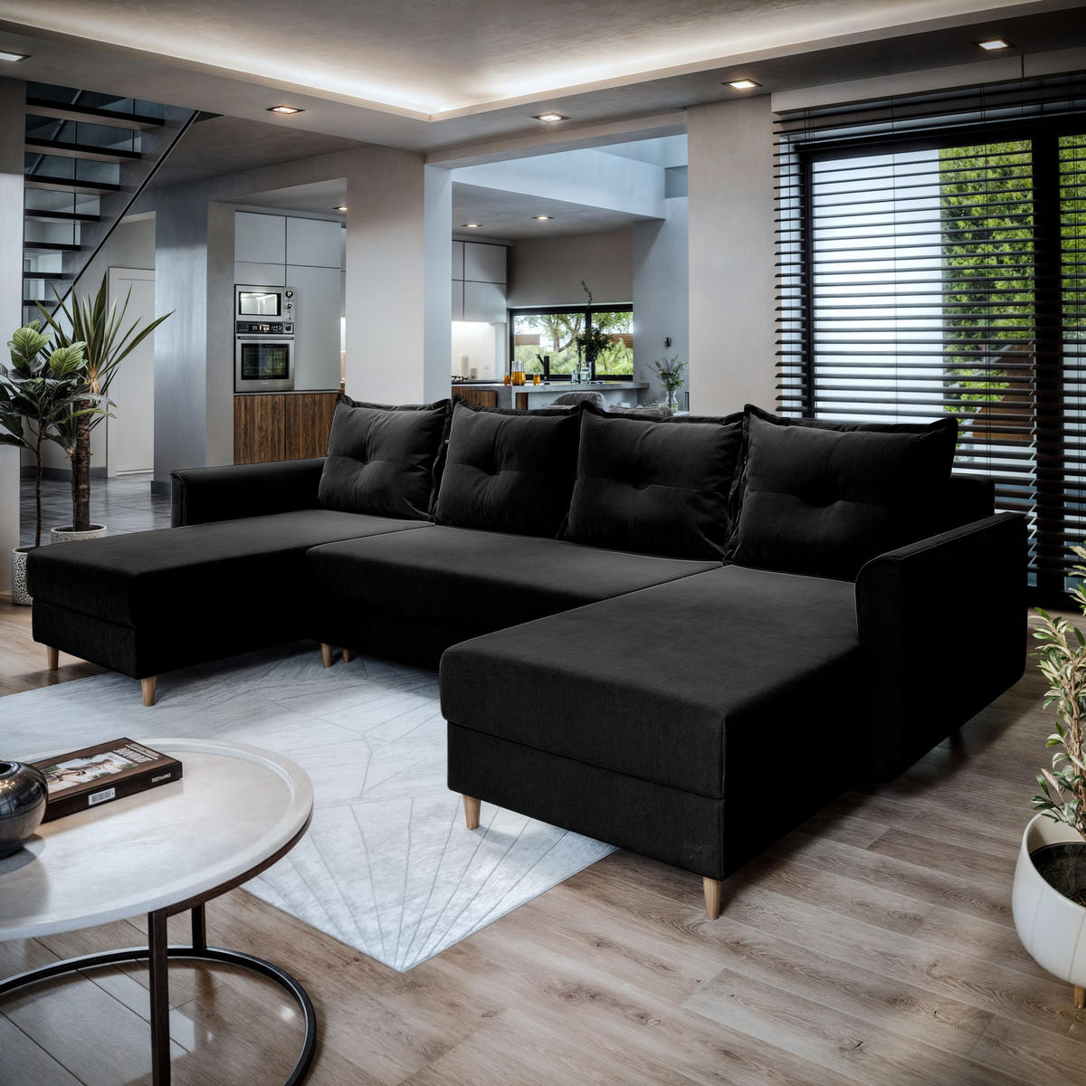 WOHNLANDSCHAFT VERNI Schwarz Plüsch-Stoff mit Schlaffunktion - Schwarz, Holz (285/91/143cm) - MASSENO