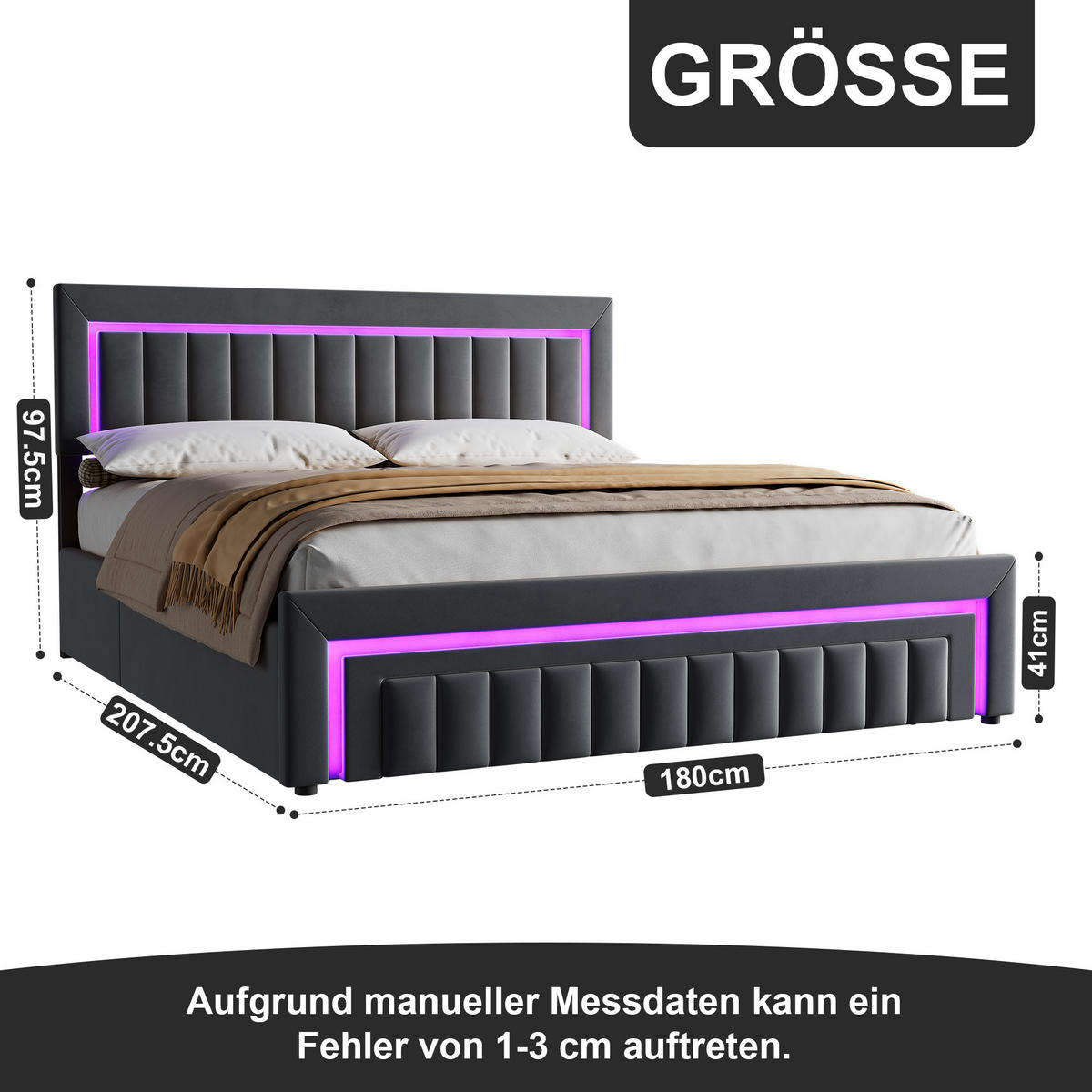 POLSTERBETT 180/200 mit Bettkasten und Schubladen , mit LED, ohne Matratze - Grau, Holzwerkstoff/Textil (180/200cm) - STILVORA