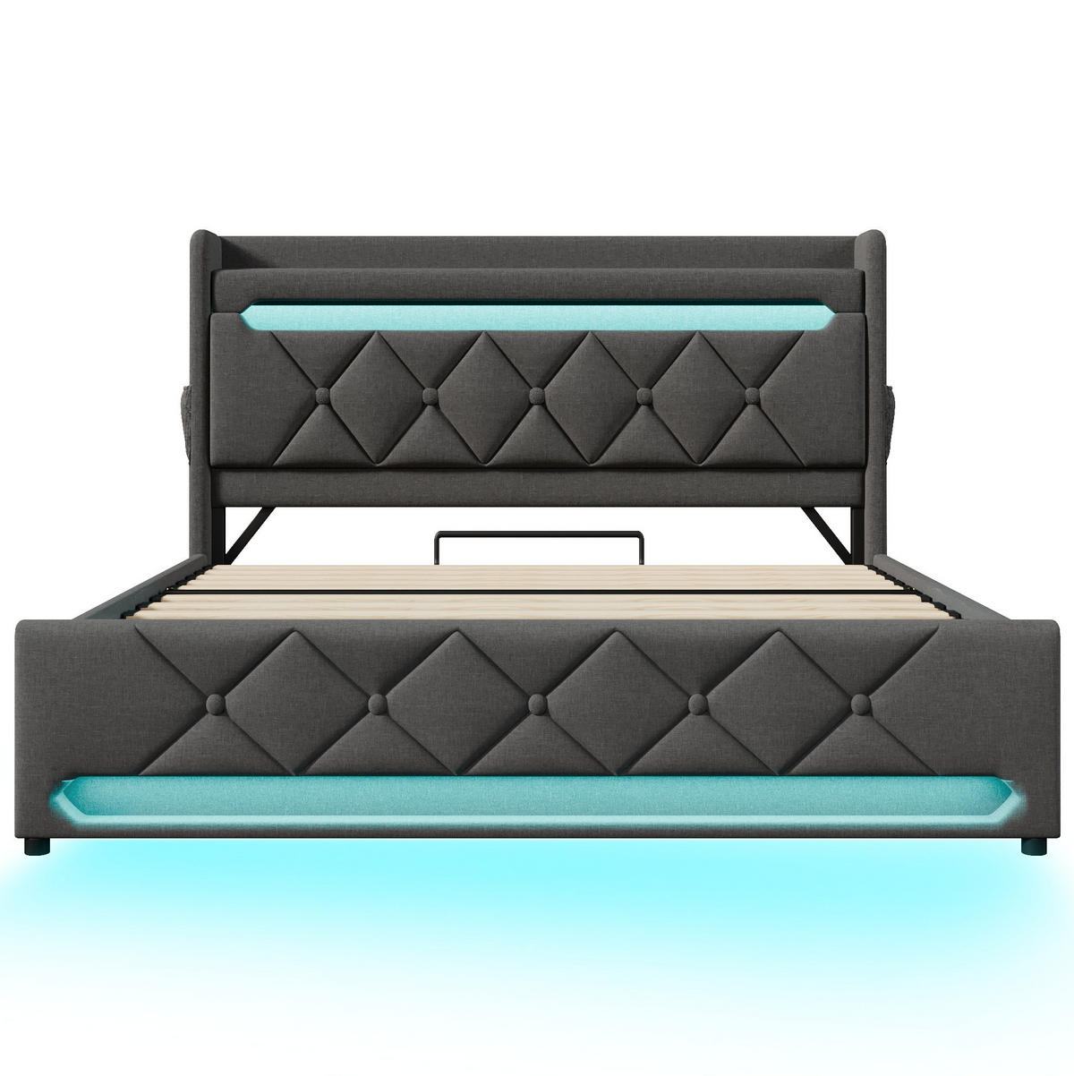 ČALOUNĚNÁ postel 140/200 cm s LED osvětlením, USB a USB-C porty a hydraulickým úložným prostorem, Šedá - šedá, textil (140/200cm) - Redom