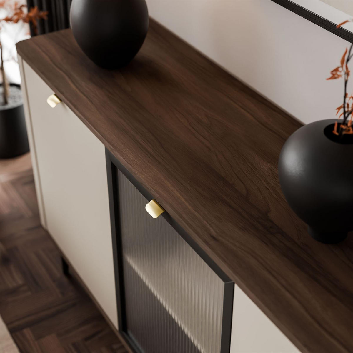 KOMMODE auf Füßen AUTUMN 2D1W mit Glasfront, Kaschmir / Nussbaum - Beige, Holzwerkstoff (160/82/40cm) - Lookway