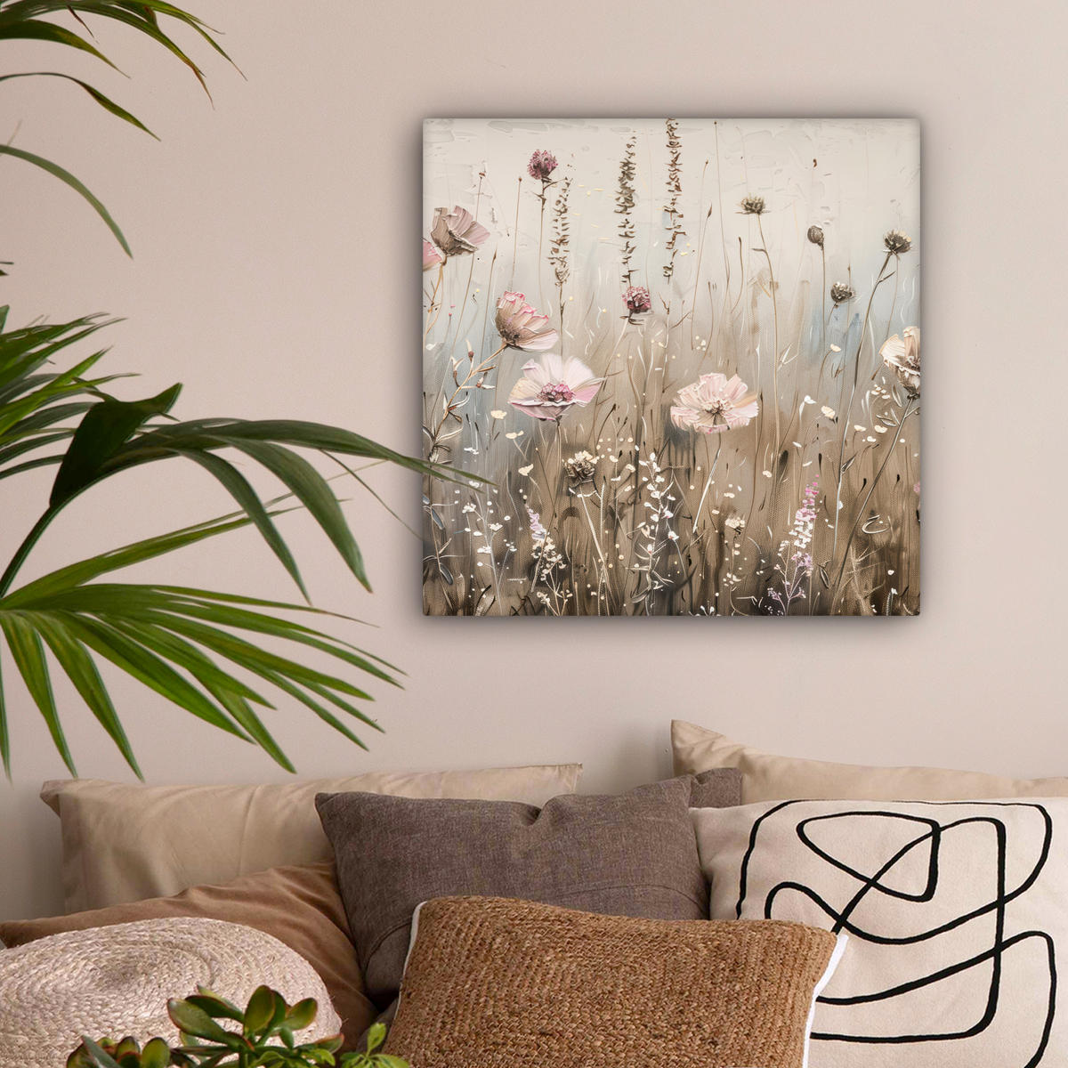 LEINWANDBILD Blumen - Rosa - Modern - Beige 50x50 cm - Beige, Textil (50/50cm) - MuchoWow