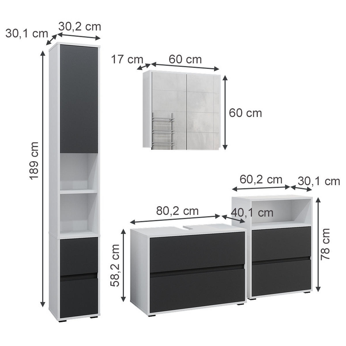 BADMÖBEL-SET Maltin Weiß/Anthrazit 4 Teile - Anthrazit/Weiß, Holzwerkstoff (80/58/40cm) - Vicco