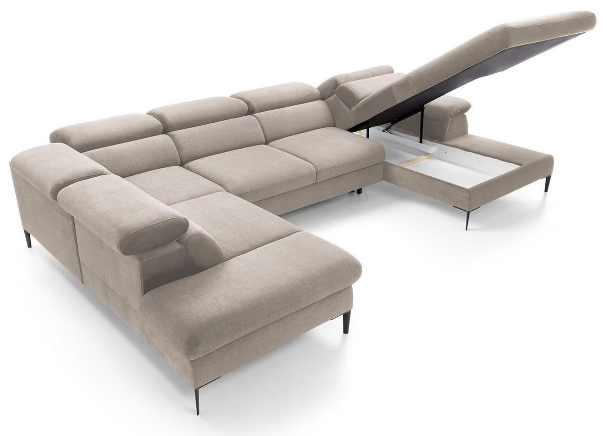 ECKSOFA U-Form 350 cm Amaro M mit Schlaffunktion, Rechts, Beige - Beige, Holz (353/214cm) - Emporius