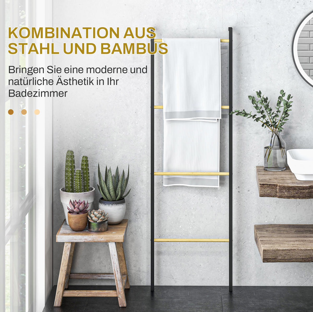 HANDTUCHSTÄNDER 49x5.5x167.5 cm Schwarz aus Stahl & Bambus mit 4 Stangen - Schwarz, Naturmaterialien (5.5/167.5/49cm) - Modfu