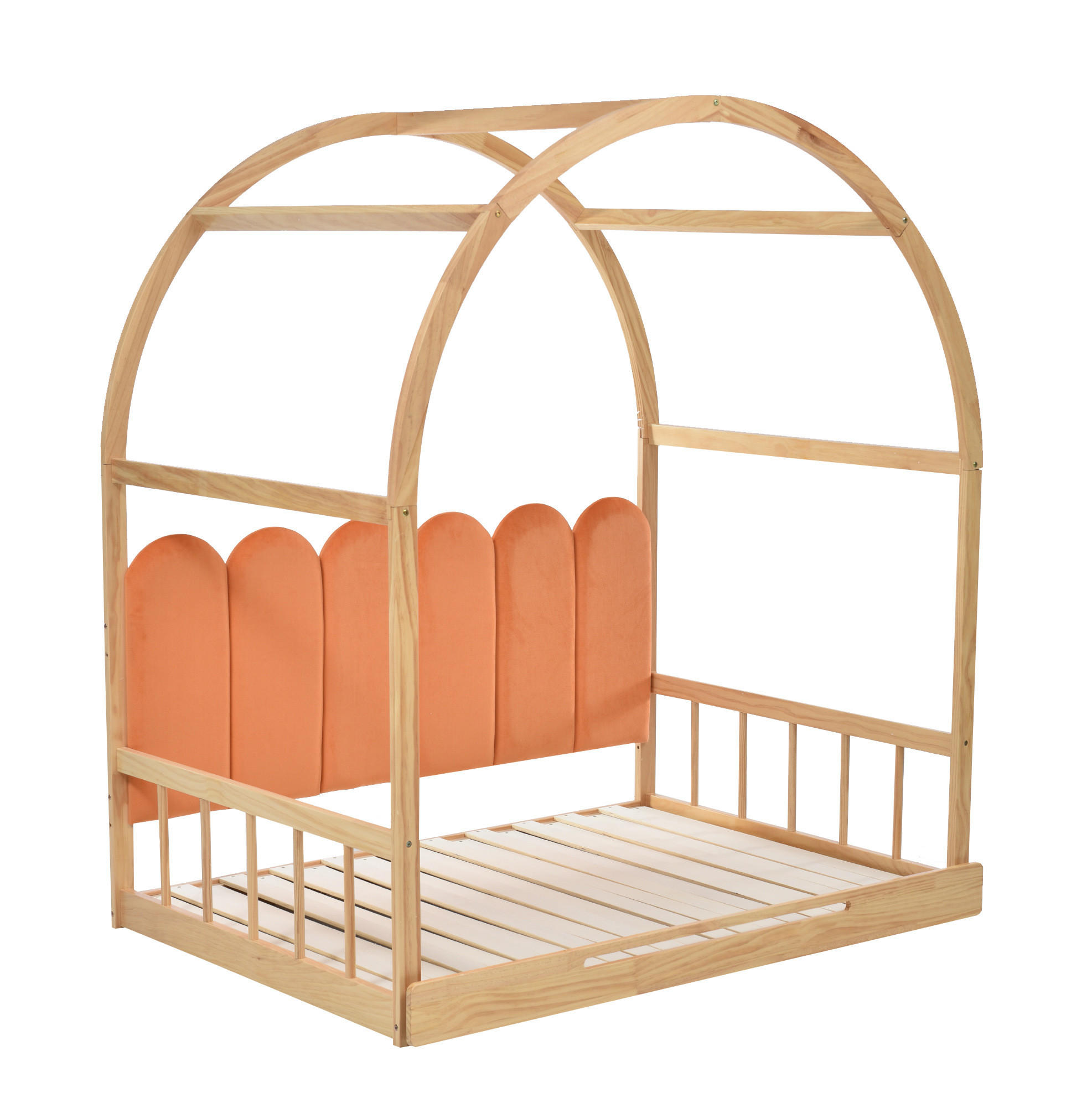 KINDERBETT 140/200 cm mit Ausziehfunktion, Dachrahmen, Kiefernholz und Matratze, Natur/Orange - Naturfarben, Holzwerkstoff (140/200cm) - Redom