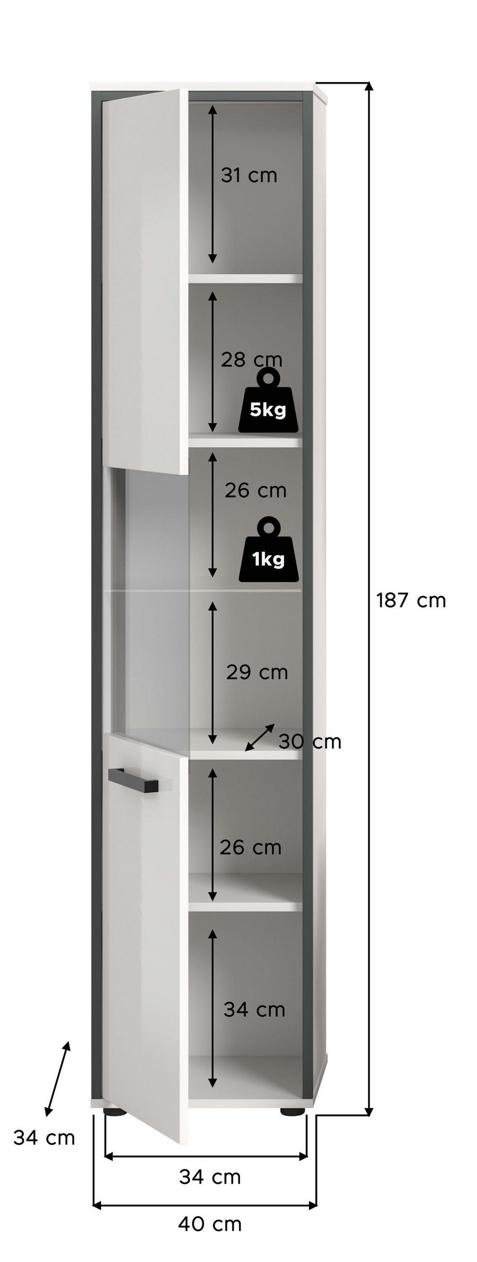 BADSCHRANK KOJAK (B/H/T: ca. 40/188/34 cm) in weiß/weiß hochglanz - Weiß, Holzwerkstoff (40/188/34cm)