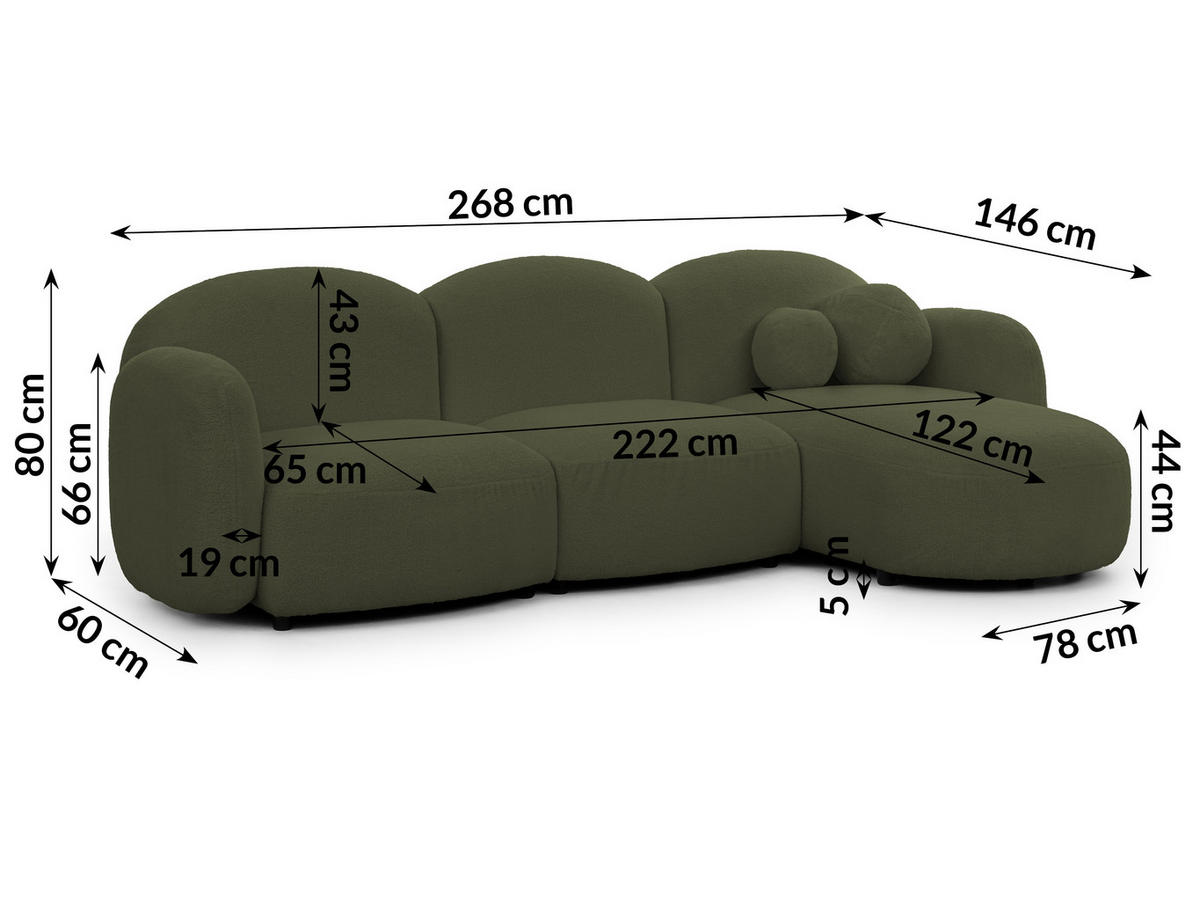 ECKSOFA Nuvola mit abgerundetem Design Grün Bouclé-Stoff - Ottomane Rechts - Schwarz/Grün, Holz/Kunststoff (268/146cm) - S-Style Möbel