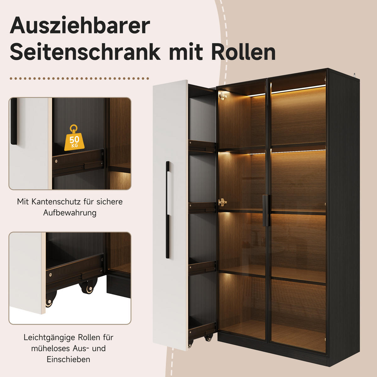 VITRINE 110cm Weiß Schwarz Glas LED Rollschrank modern - Schwarz, Holzwerkstoff (110/160/35cm) - FLIEKS
