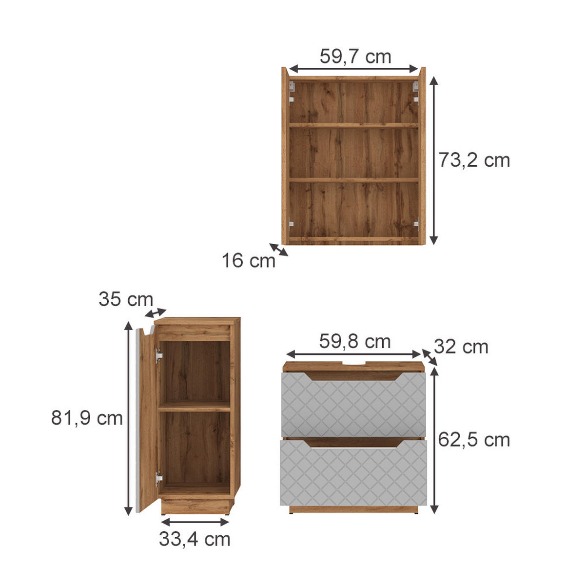 BADMÖBEL-SET Lotta Eiche/Grau mit Kachelstruktur 3 Teile - Eichefarben/Grau, Holzwerkstoff (59.8/62.5/32cm) - Vicco