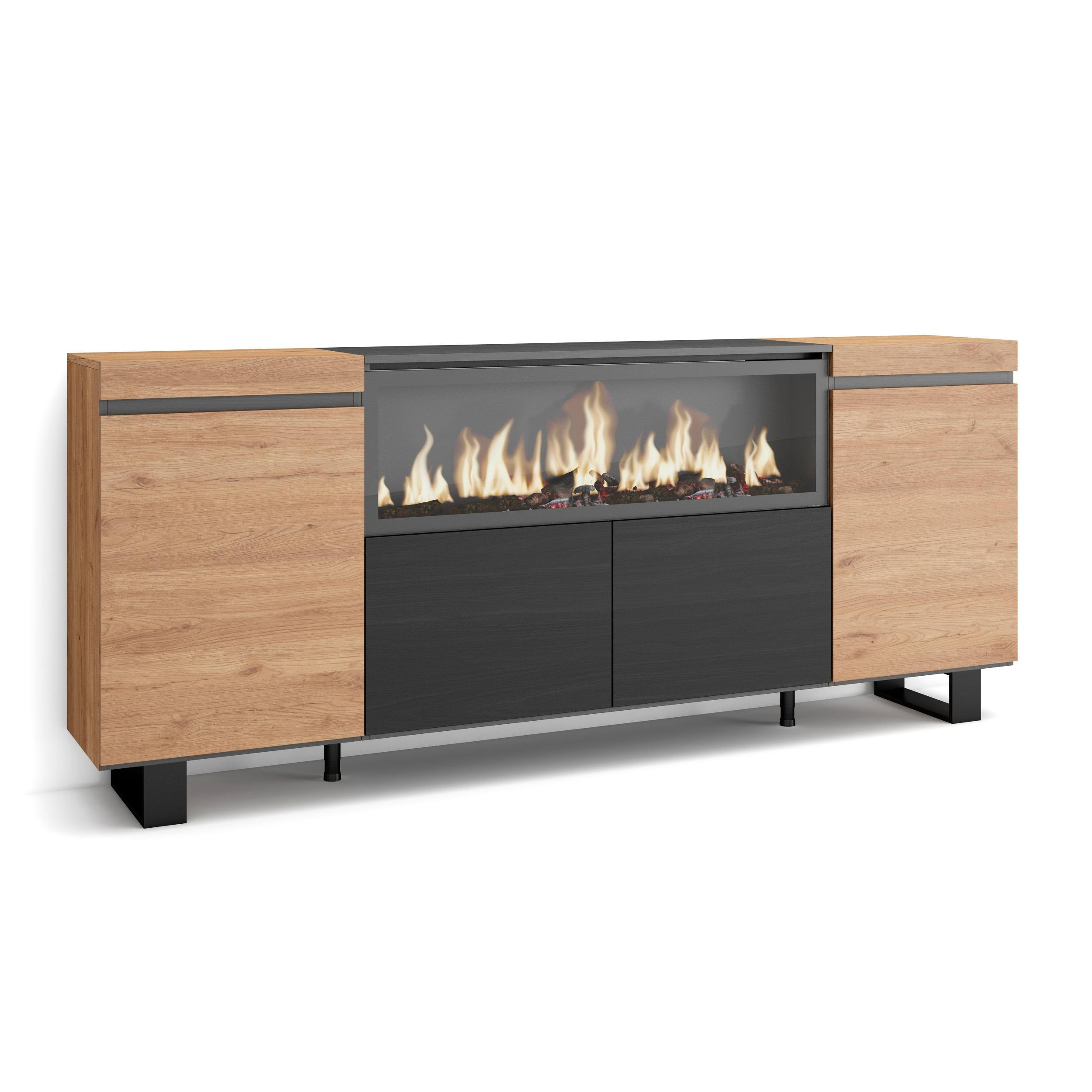 SIDEBOARD Highboard, Elektrokamin XXL, eiche, schwarz, 208/35/87cm - Eichefarben/Beige, Holzwerkstoff (208/87/35cm) - Skraut Home