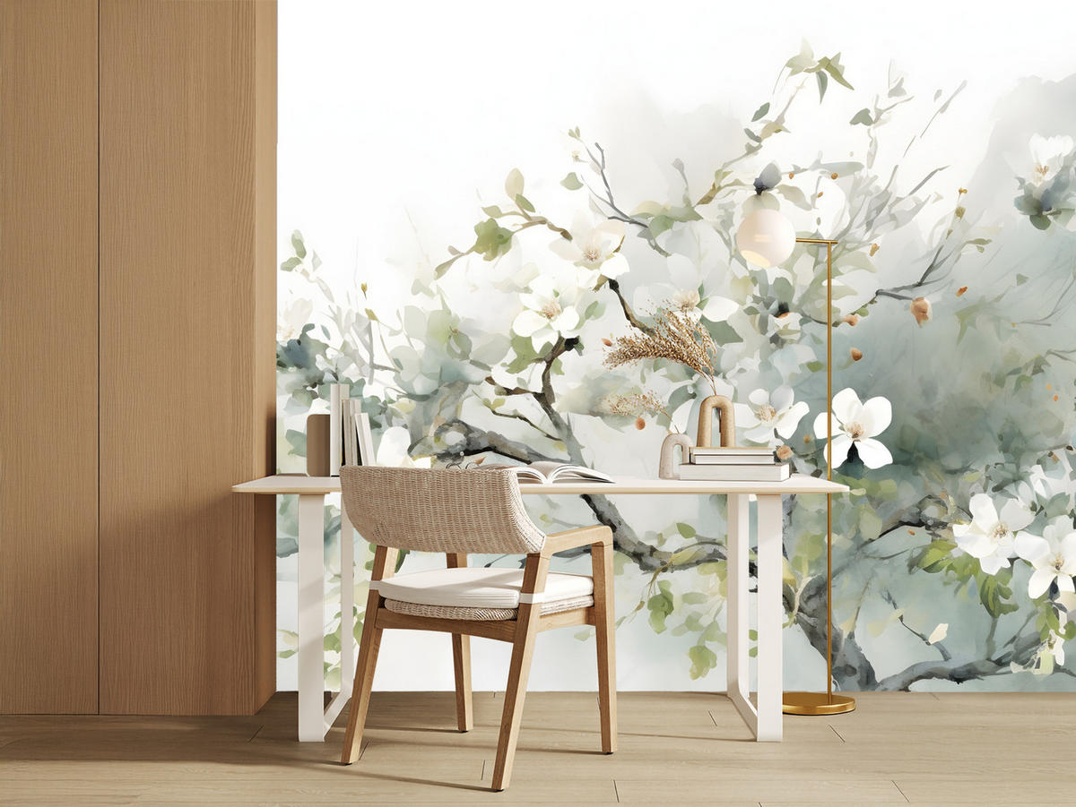 FOTOTAPETE für Wohnzimmer Aquarellbaum Blumen Natur 450x315 - Beige/Weiß, Papier (450/315cm) - Muralo