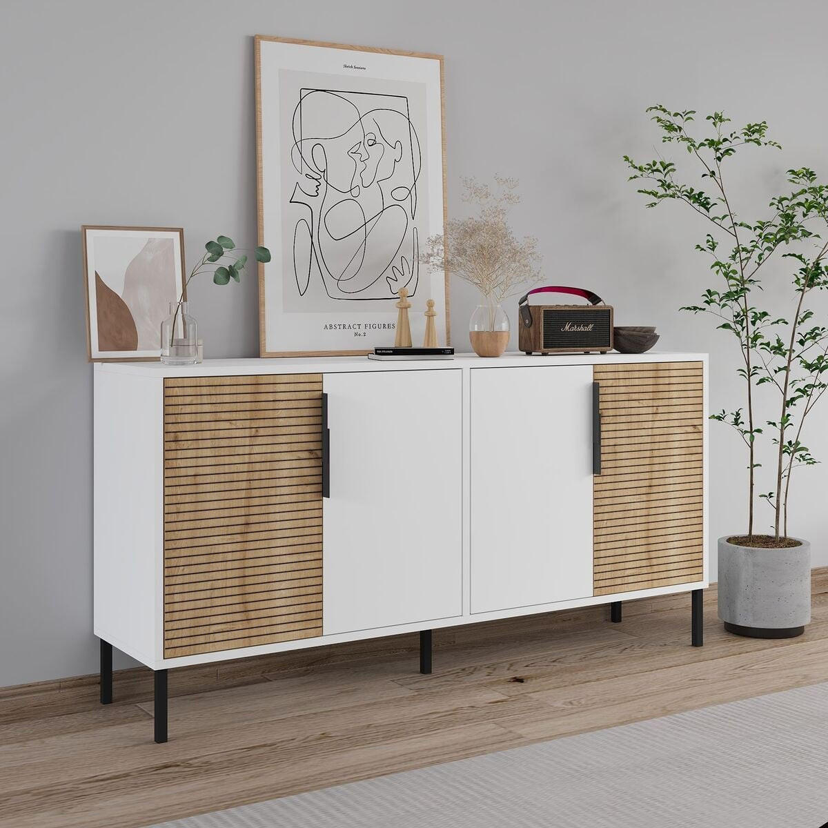 SIDEBOARD mit 4 Türen, Dekor in Weiß und Saphir-Eiche 36/150/75 cm - Weiß, Holzwerkstoff (36/75/150cm) - Calicosy
