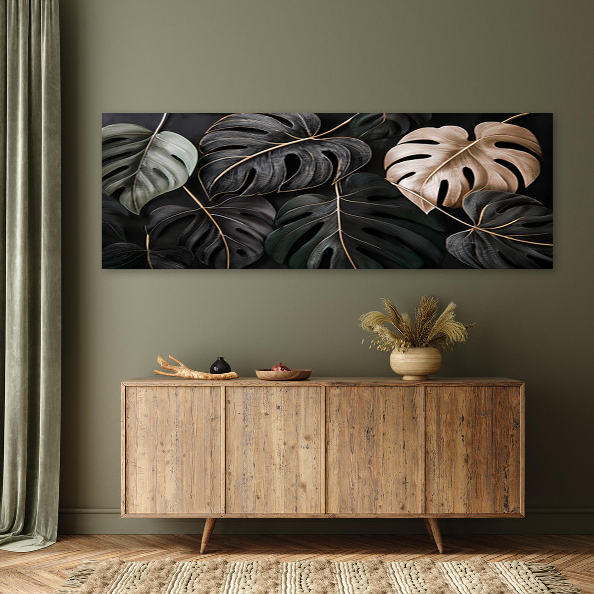 WANDBILD monstera hinterlässt tropische pflanzen - Schwarz, Textil (90/30cm) - Feeby
