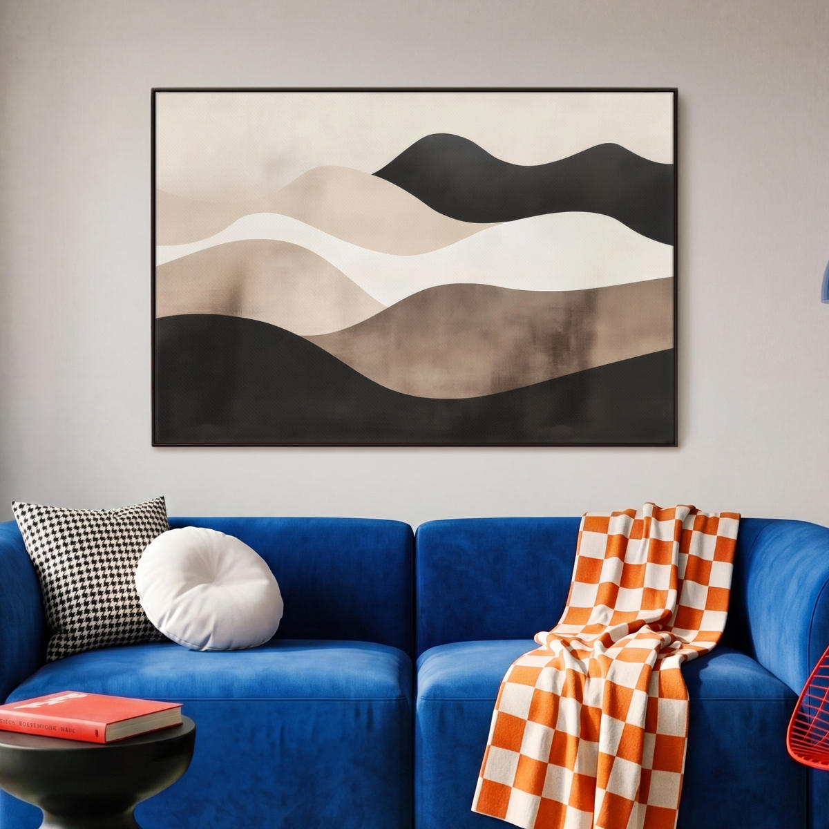 LEINWAND Bilder mit Rahmen - Abstrakt - Landschaft - Wellen - Cremefarben - 90x60 - Cappuccino, Textil (90/60cm) - MuchoWow