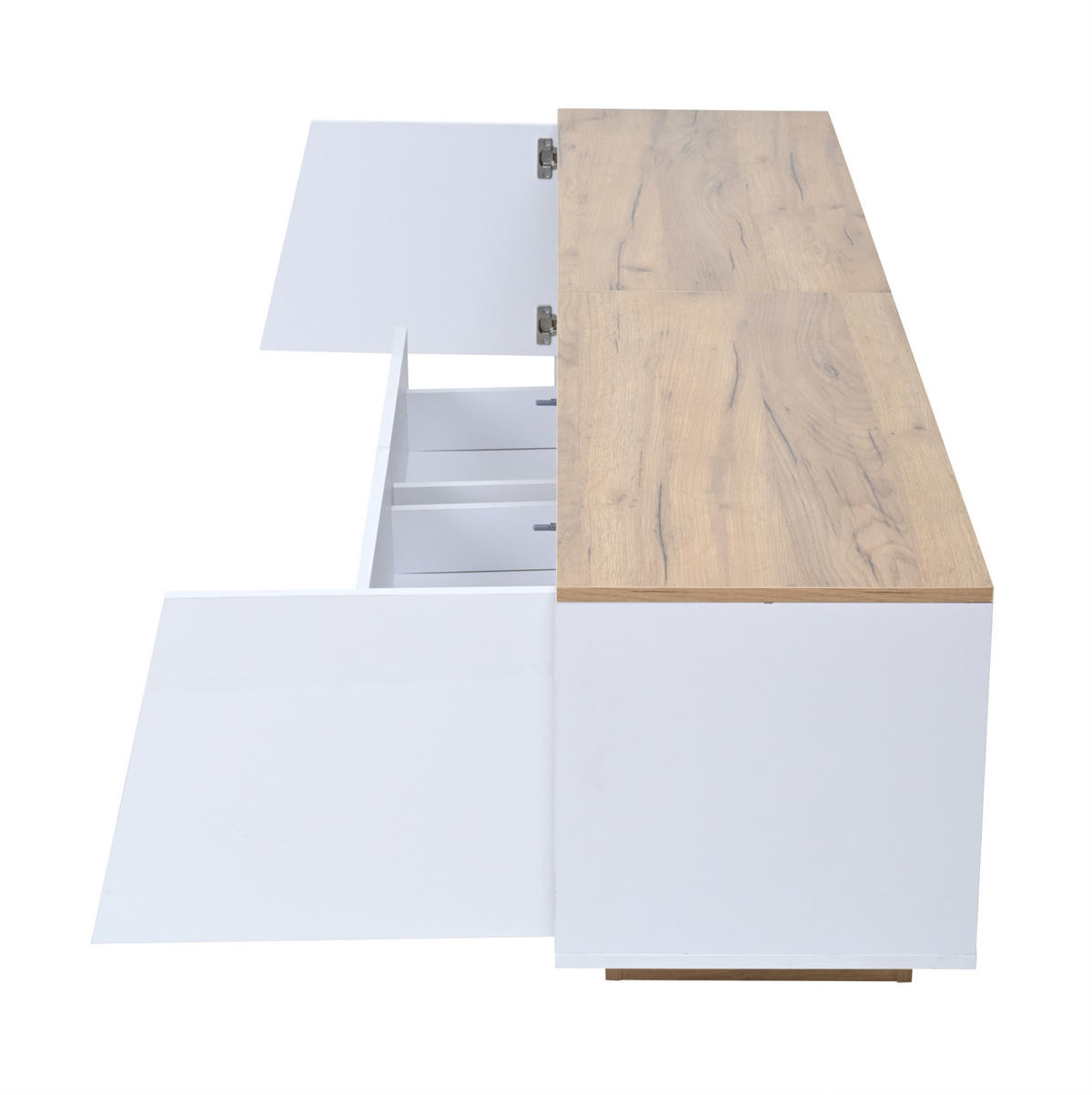 TV-LOWBOARD aus Spanplatte 180x40x46 cm Weiß/Naturholzfarbe mit LED, Hochglanzfront und 2 Schubladen - Weiß, Holzwerkstoff (180/46/40cm) - Modfu