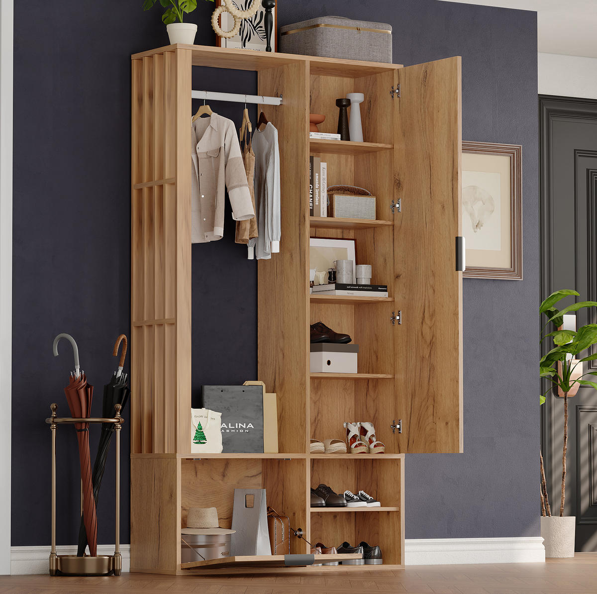 GARDEROBENSCHRANK 100/33/190 cm aus Spanplatte mit Spiegel und Kleiderstange Natur - Naturfarben, Holzwerkstoff (33/190/100cm) - Modenvie