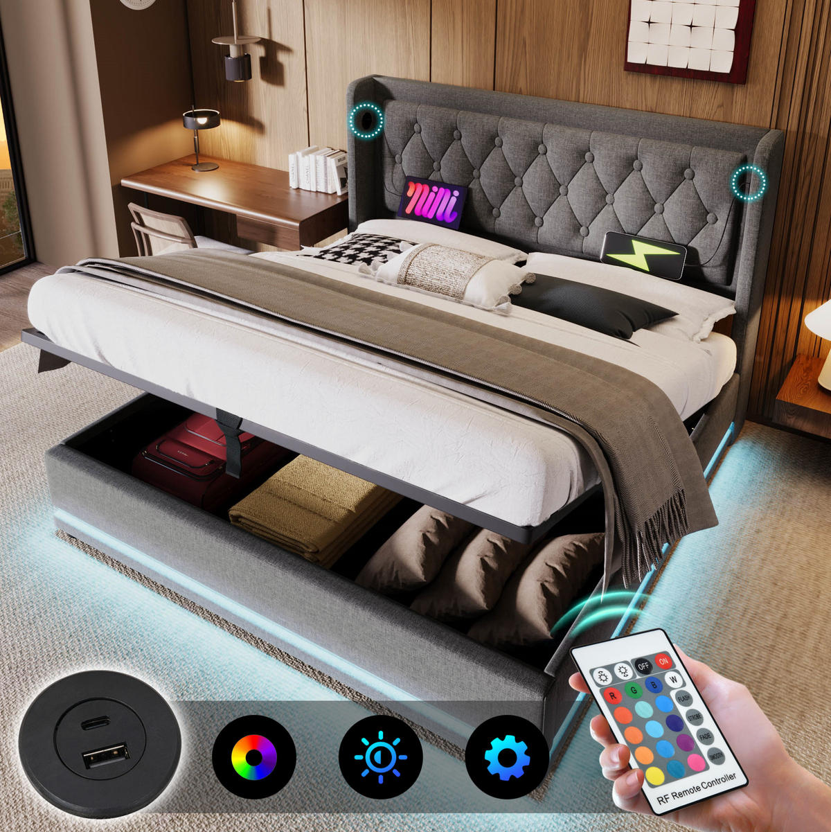 POLSTERBETT 140/200 cm Grau aus Baumwolle mit Stauraum, USB Typ-C und LED - Grau, Textil (140/200cm) - OKMYHOME