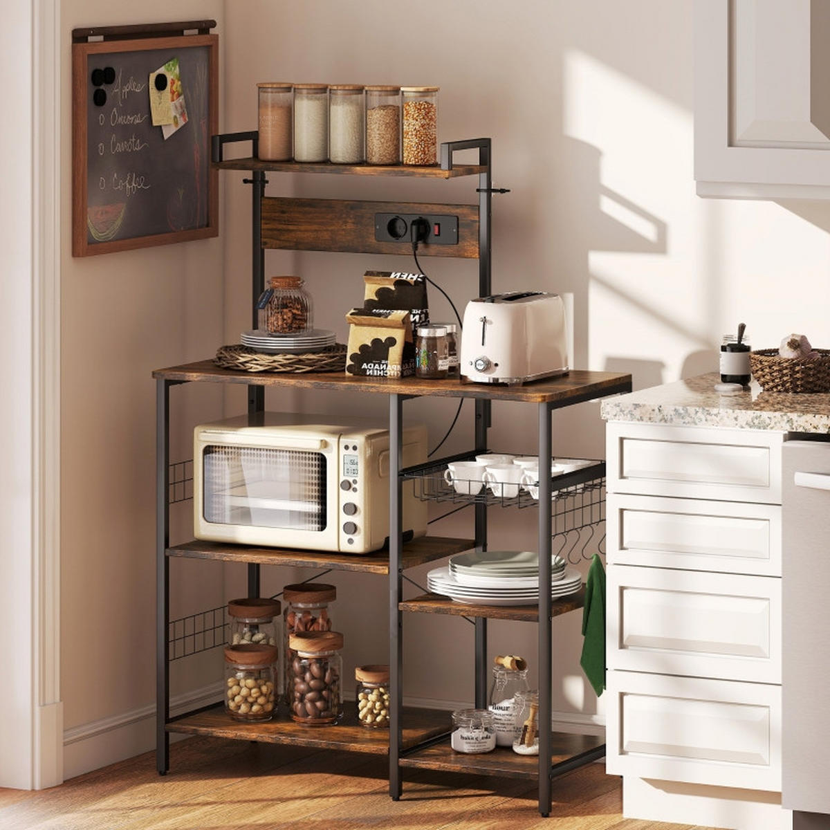 KÜCHENREGAL 90x42x130cm Braun mit verstellbarem Regal, Drahtkorb & Haken - Braun, Holz (90/130/42cm) - Modfu