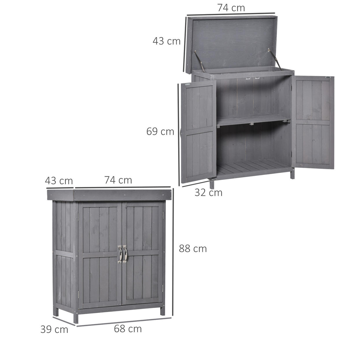 GARTENSCHRANK Geräteschuppen, Doppeltür, 2 Fächer, wetterfest, Tannenholz, Dunkelgrau - Grau, Holz (43/88/74cm) - Outsunny