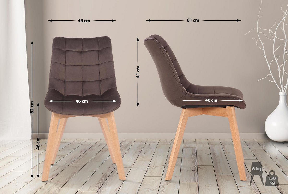 STUHL 2er Set Samt Braun - Eukalyptusholzfarben/Braun, Holz/Textil (46/82/61cm) - CLP