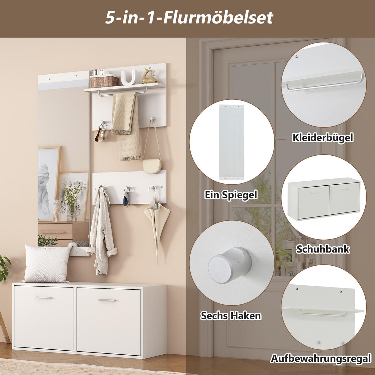 GARDEROBE-SET 4-teilig Spiegel Schuhschrank Haken Weiß - Weiß, Holzwerkstoff (90/41.5/30cm) - FLIEKS
