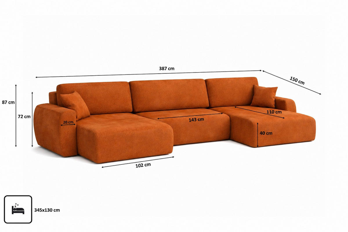 ECKSOFA Mit Schlaffunktion Und Bettkasten U-Form Ariel U XL, Veloursstoff Salvador, Braun - Braun, Holz (387/142cm) - Kaiser Möbel
