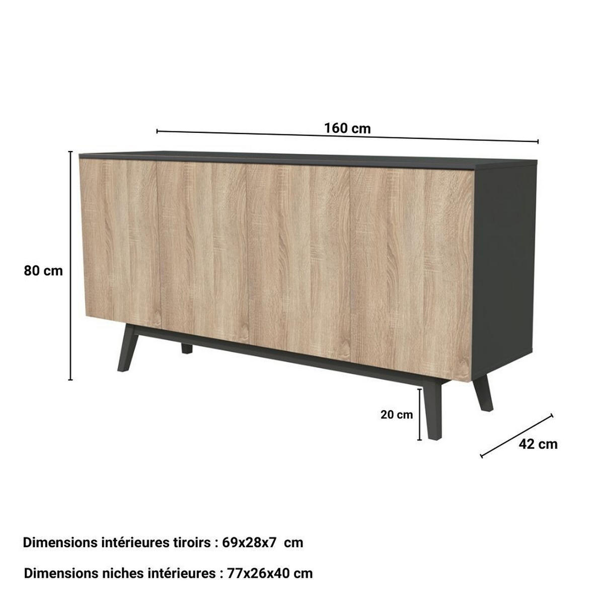 SIDEBOARD HOME mit Türen Schubladen/ Schwarz und Eiche gebleicht - Multicolor, Holzwerkstoff (160/80/42cm) - Weber Industries