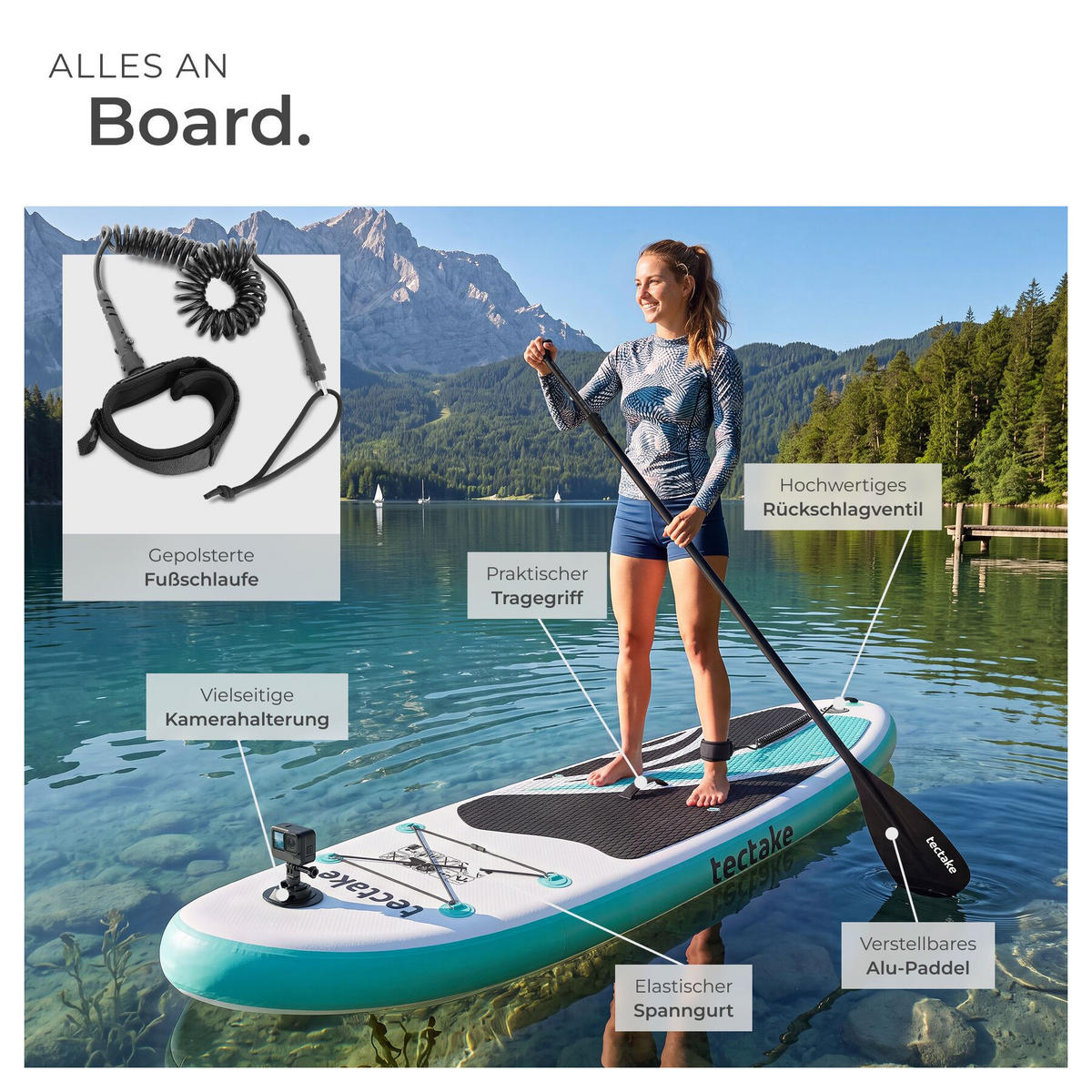 STAND-UP PADDLE BOARD Zenon, Belastbarkeit 200 kg, inklusive Kajak-Sitz, weiß/türkis - Weiß, Kunststoff (288/77/0.23cm) - tectake
