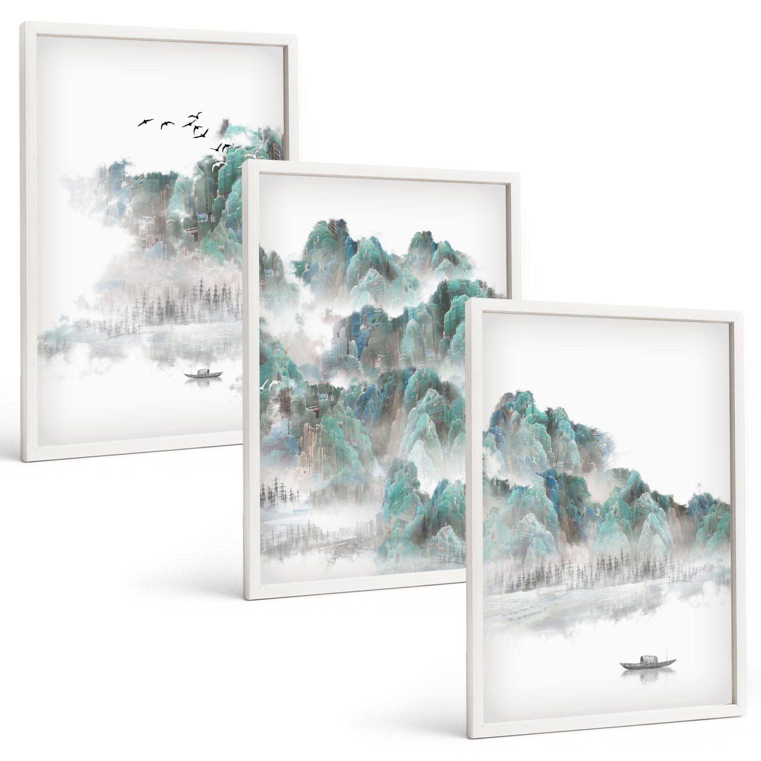 BILDER SET 3er Set - 40x60 cm Weißer Rahmen - Berge, Wolken, Vögel, Boot, Japandi - Weiß, Kunststoff (40/60cm) - TULUP