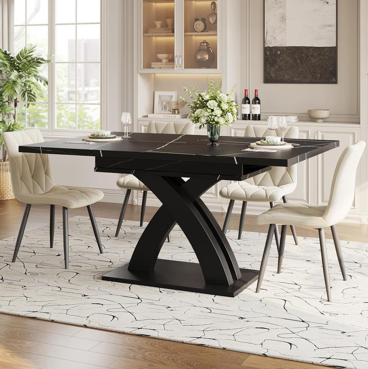 ESSTISCH 120/160/80 cm in Schwarz-Weiß ausziehbar mit X-Gestell - Schwarz, Holzwerkstoff (120/80/75cm) - Flora Grace