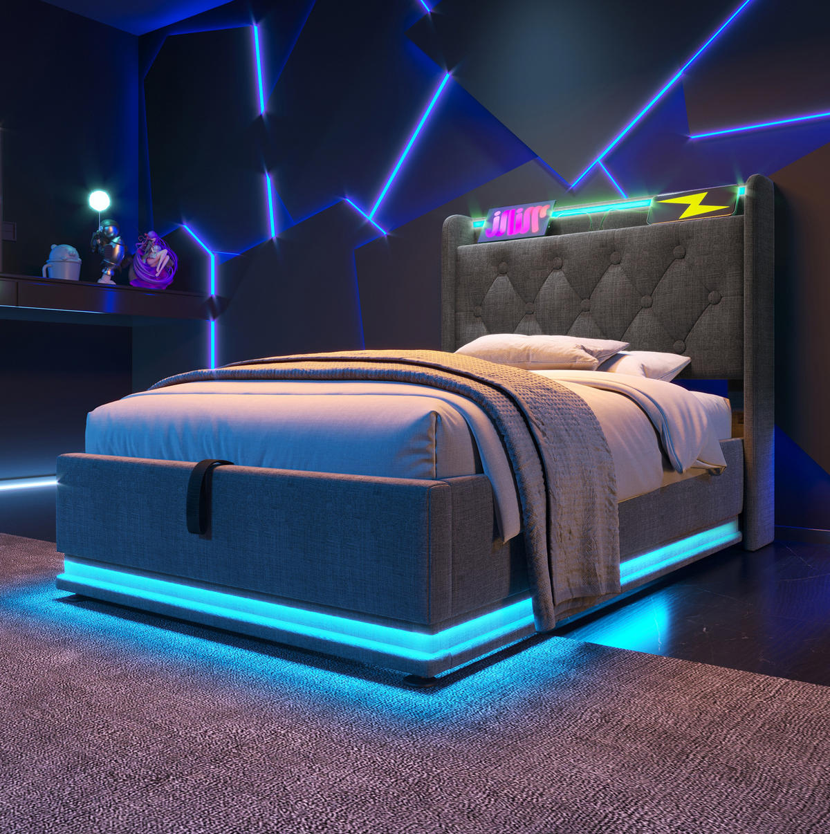 BETT mit Stauraum, LED und Matratze 90x200 cm Leinen Grau - Grau, Metall (90/200cm) - Meubliv